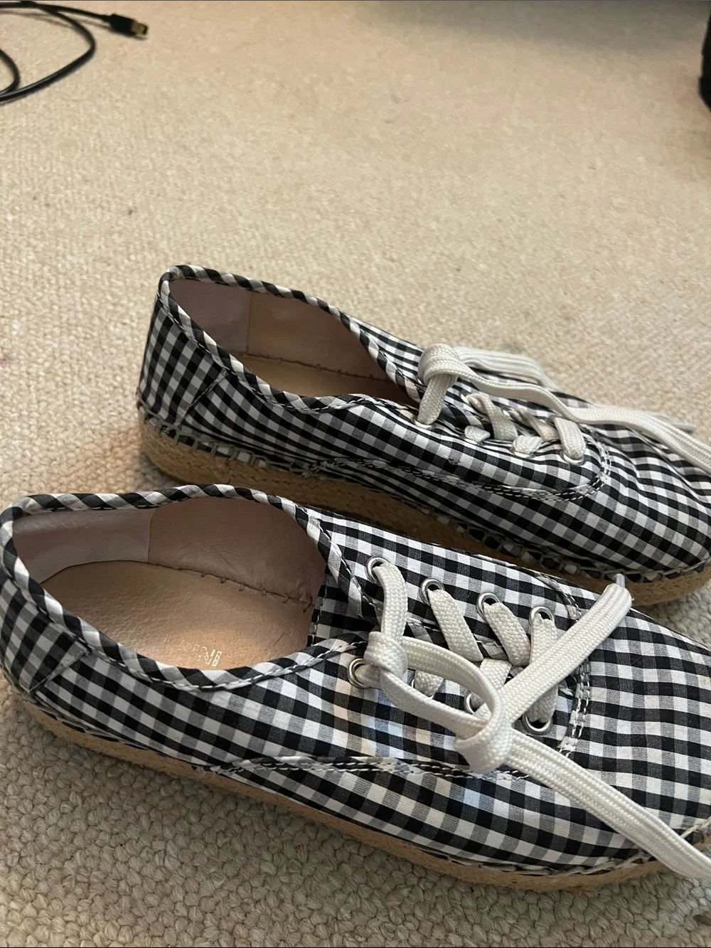 Gingham Lace-Up Espadrille Flats - Black & White